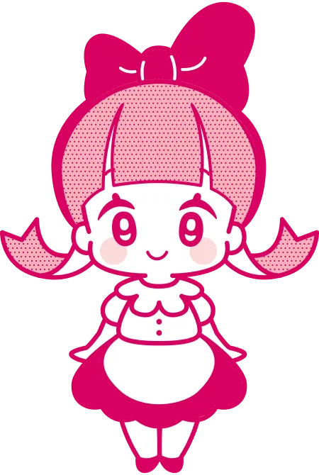 ピンクのリボンをつけた女の子キャラクターが正面を向いて立っているイラスト。